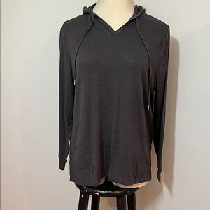 Belle by Kim Gravel Heathered Knit V-Neck Dark Gray Hoodie Pockets Lightweight